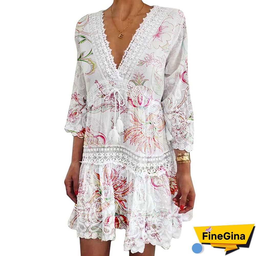 Women Fashion Floral Printed Dress Casual Beach Dress Summer V-neck Lace Dress Sexy Party Dress 3/4 Sleeve Boho Dress