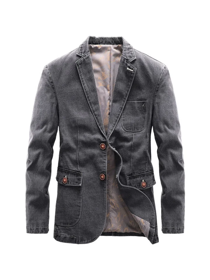 Men's Solid Color Suit Men Without Slits Cotton Single-breasted British Style Solid Color Denim Small Suit Casual Men's Lapel Long-sleeved Jacket-Cosfine