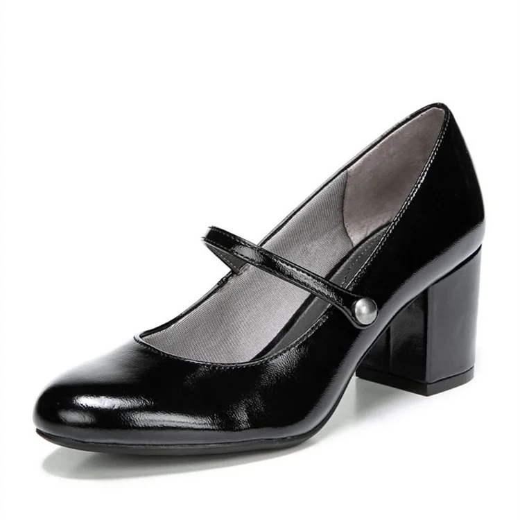 Black Faux Leather Block Heel Mary Jane Pumps Shoes Vdcoo