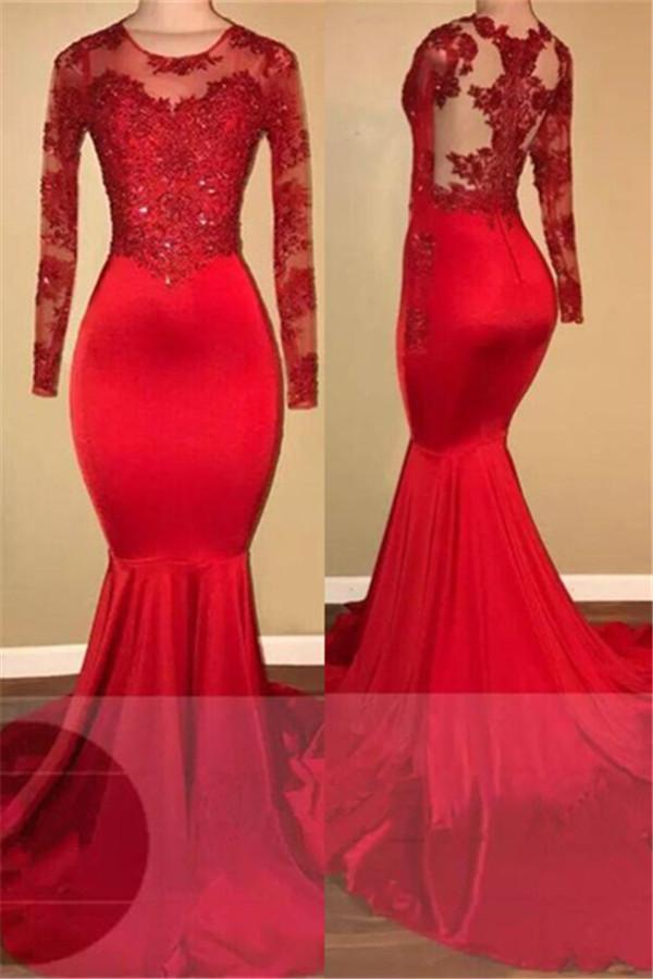 Bellasprom Red Prom Dress Mermaid With Lace Appliques Long Sleeve Bellasprom