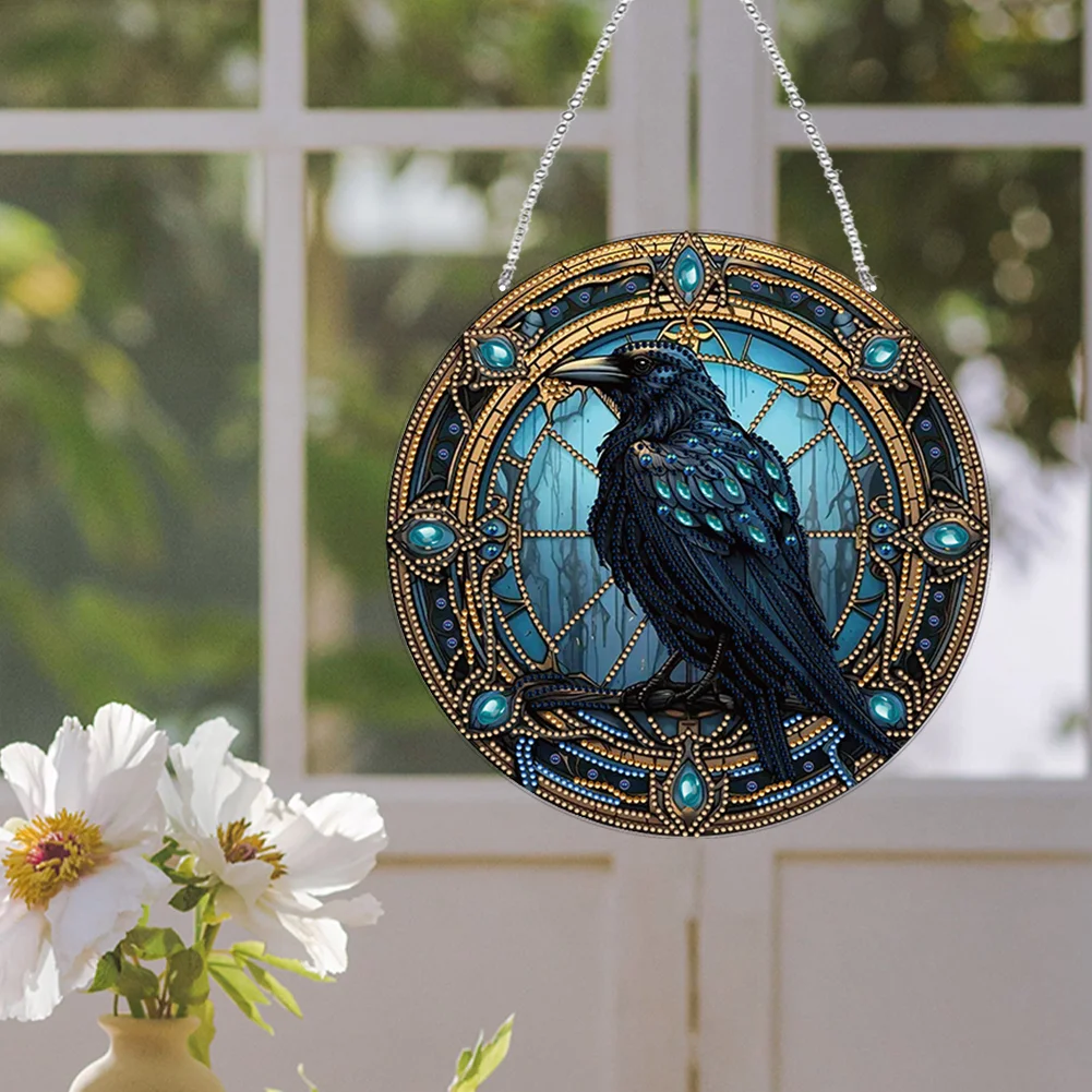 DIY Stained Glass Crow Acrylic Special Shaped Hanging Diamond Painting Art Pendant Suncatcher Home Windows Decor 