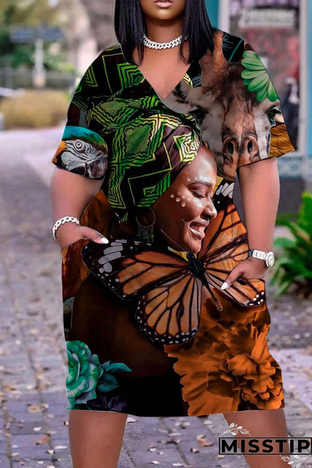 Olive Green Casual Print Patchwork V Neck Straight Dresses