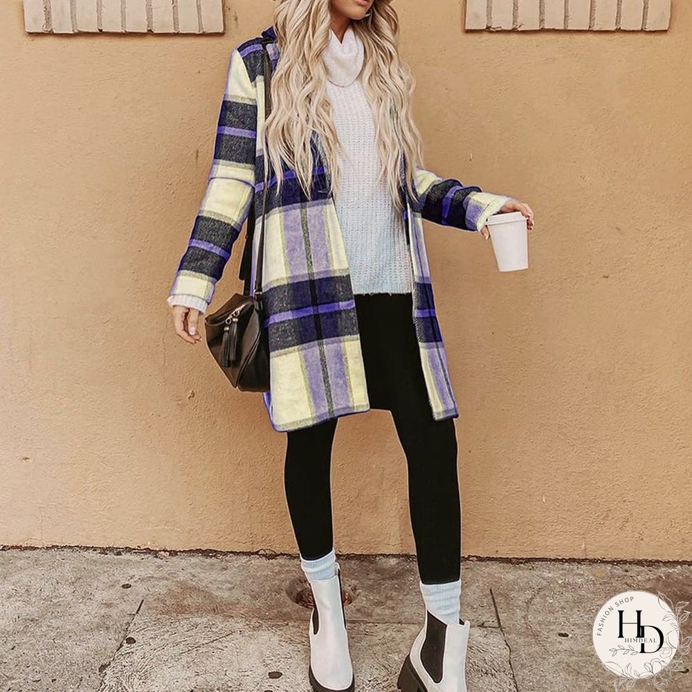 Autumn Women Casual Plaid Print Coat Fashion Long Sleeve Turn-down Collar Cardigan Coat Ladies Loose Commuter Woolen Jacket