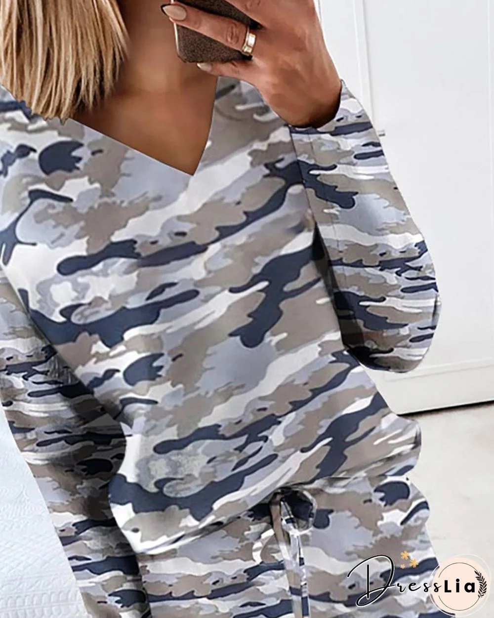 Camouflage Print Long Sleeve Top & Drawstring Waist Pants Set P10439
