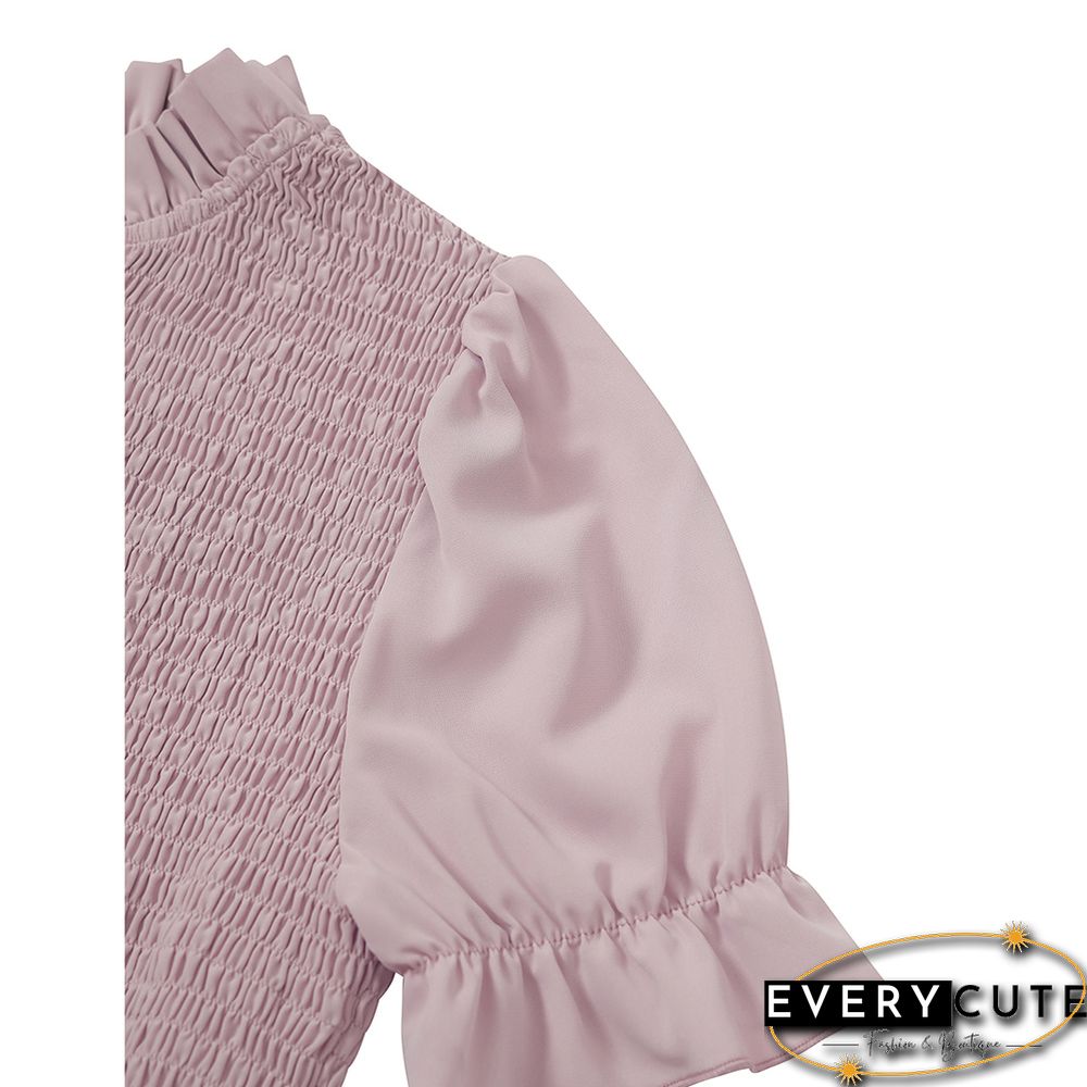 Light Pink Stand Neck Pleated Short Sleeve Dress