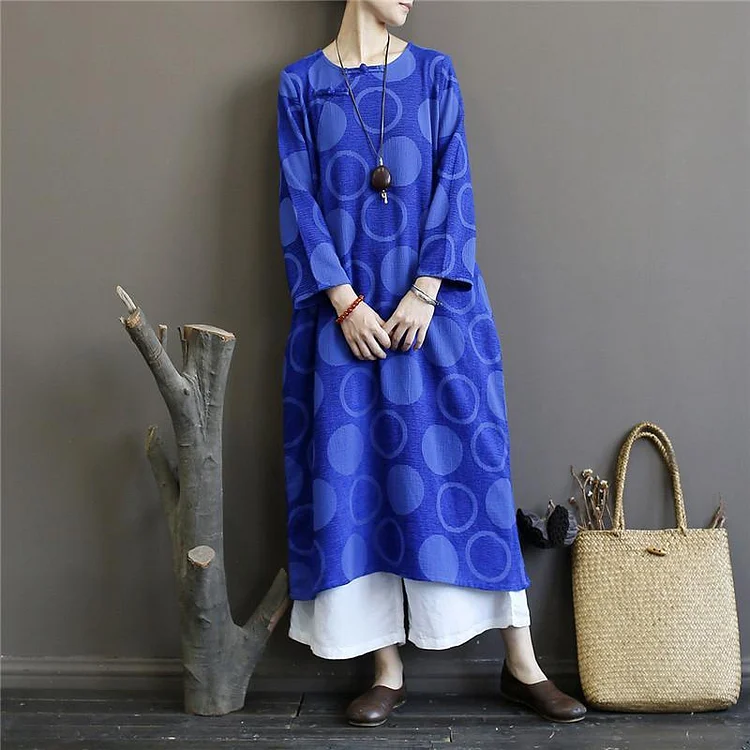 Women long sleeve cotton spring tunic top Sewing blue Vestidos De Lino Dress