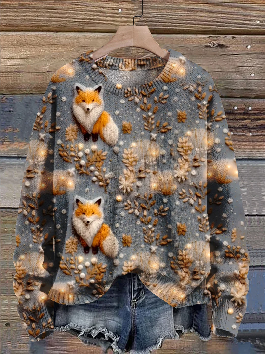 Christmas Gift Fox Art Print Knit Pullover Sweater