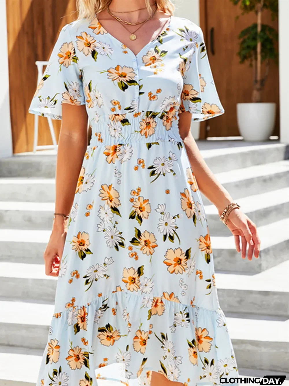 Women Half Sleeve V-neck Floral Printed Dress