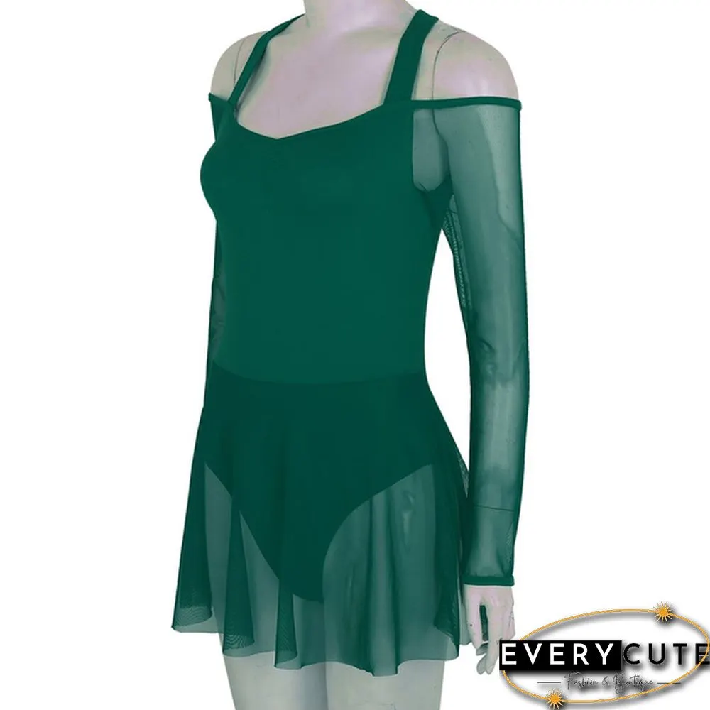 Women Adult Off The Shoulder Long Sleeve Halter Neck Mesh Bodysuit Ballet Dance Dress