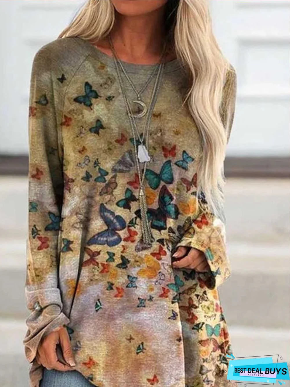 Deep Khaki Casual Long Sleeve Printed Tunic Top