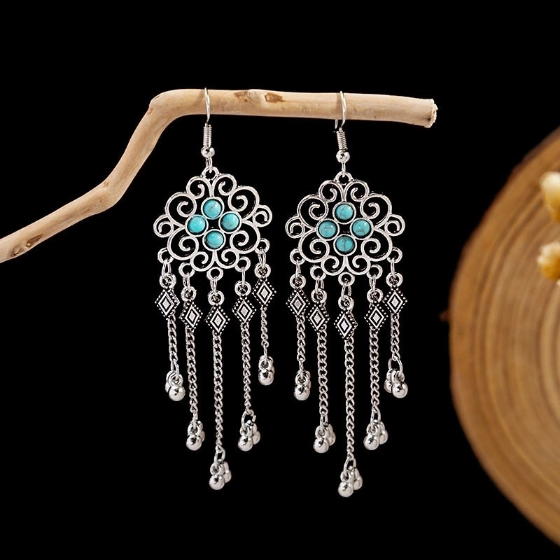 Bohemian Blue Turquoise National Style Earrings Imitation Miao Silver Metal Earrings Vintage Tassel Earrings