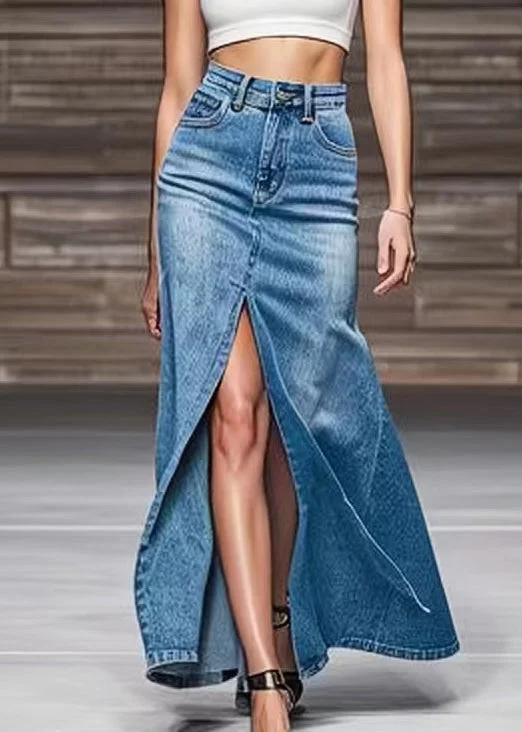 Modern Blue Front Open High Waist Denim Maxi Skirts Summer(Ships in 20 Days)