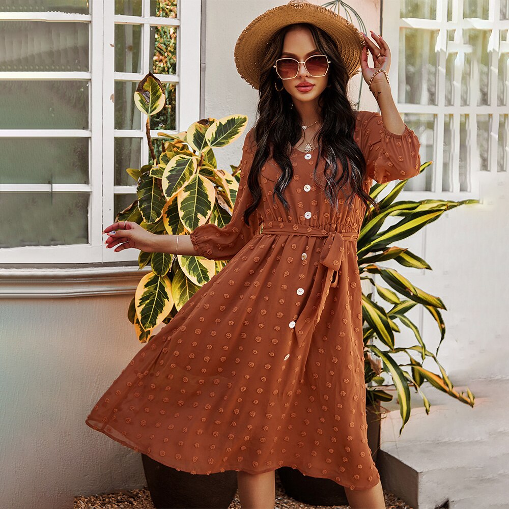 Chiffon Dress Fashion Brown Vintage Ladies Button Sashes Long Dresses