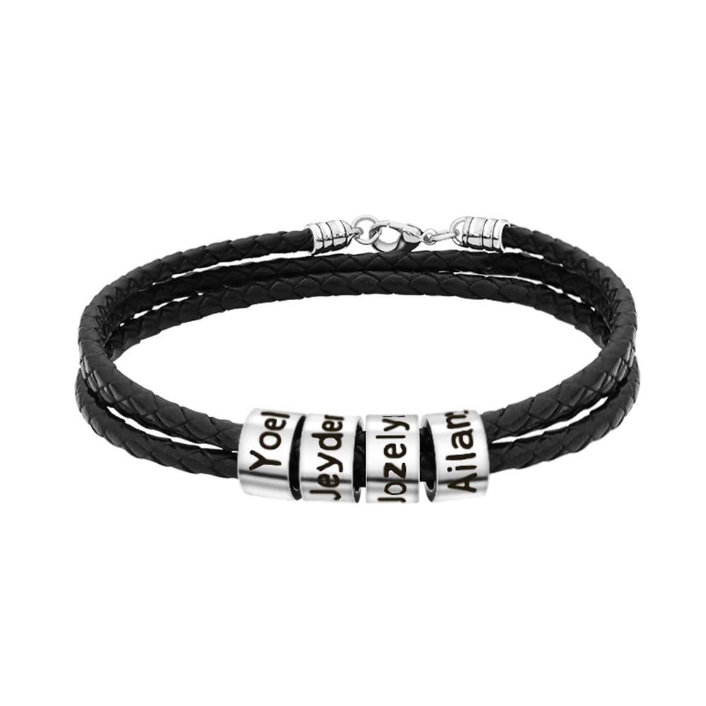Men Braided Leather Bracelet with Small Custom Beads