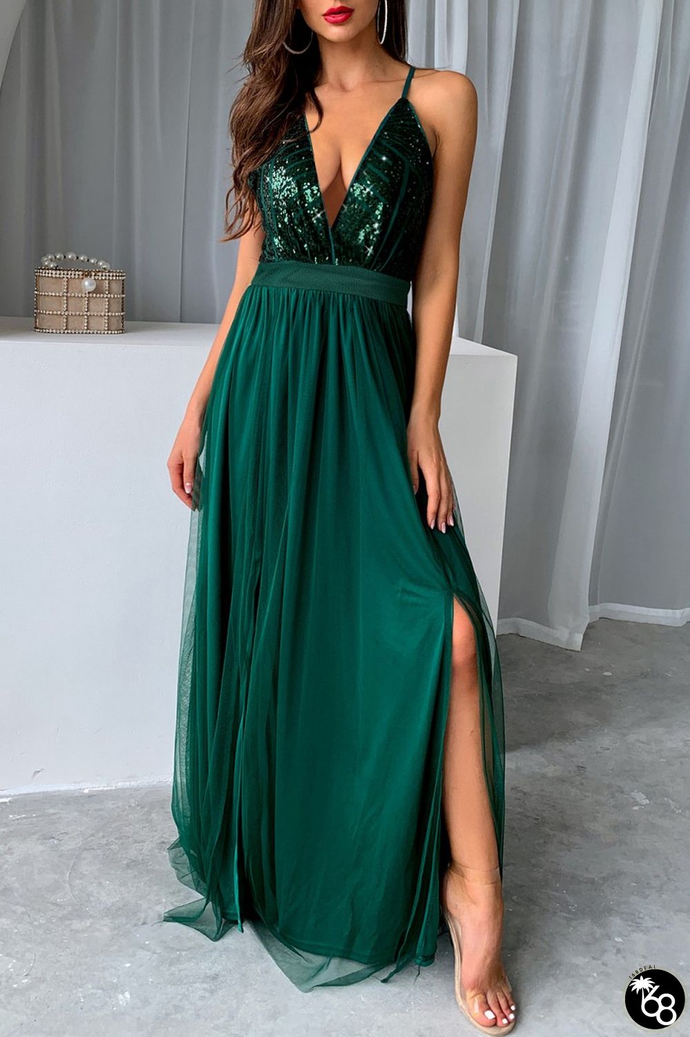Green Sexy Formal Solid Sequins Patchwork Backless Slit Spaghetti Strap Evening Dress Dresses | 168DEAL