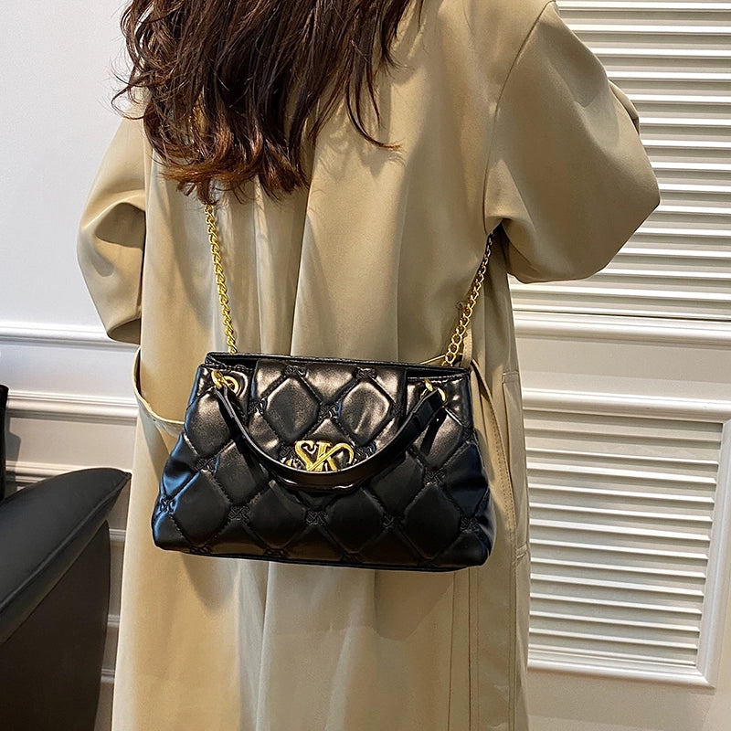 Women’s Pu Leather Letter Lingge Elegant Sewing Thread Square Flip Cover Crossbody Bag