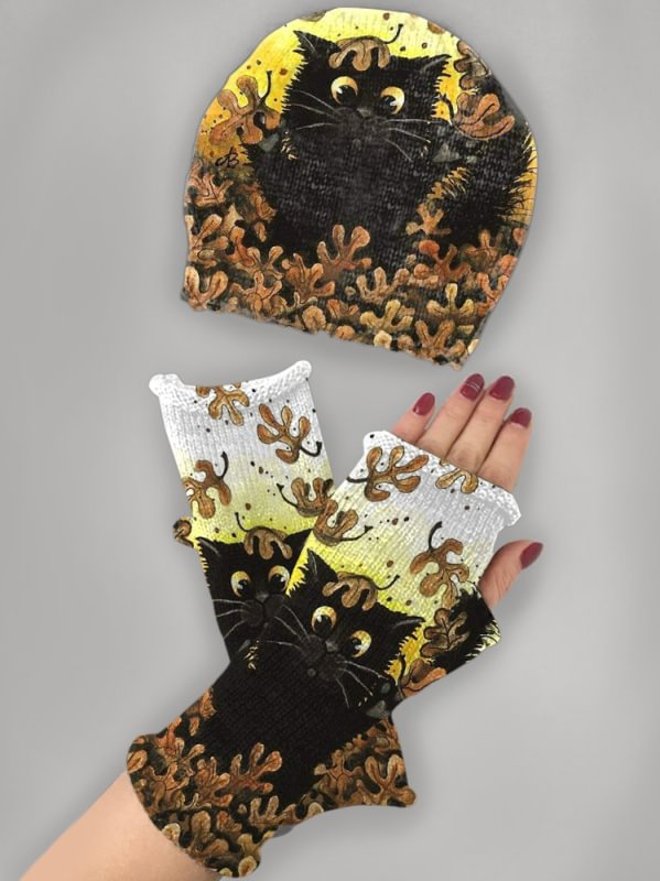 Vintage cat kitten print knitted hat + fingerless gloves set
