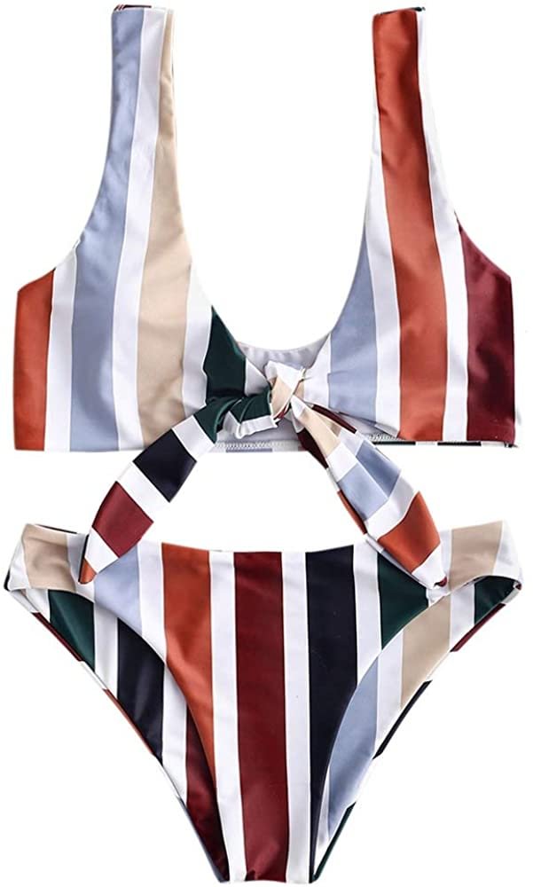 Women's Spaghetti Strap Tie Knot Front Stripe Print Stripe Swimsuit Natural Waist Solid Two-Piece Bikini Sets