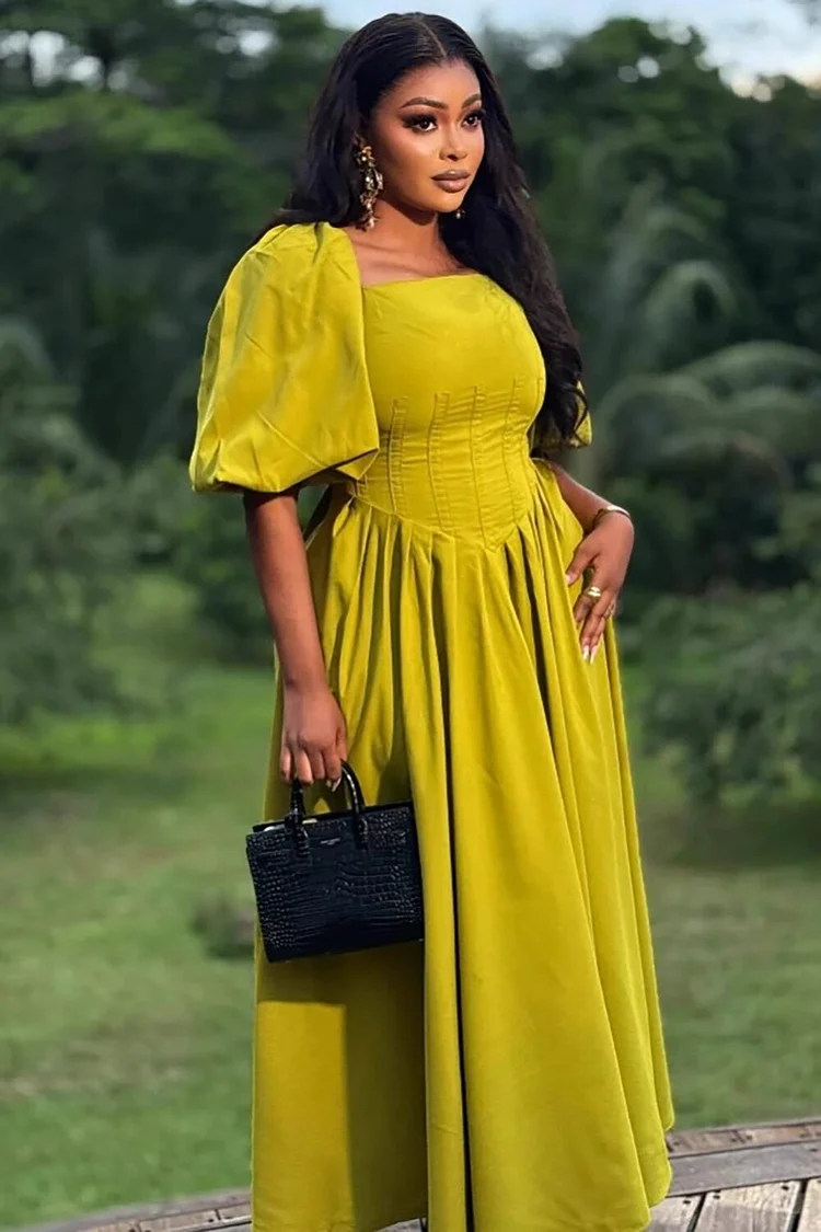 Balloon Sleeve Corset Design Shirred Hem Solid Color Midi Dresses-Green
