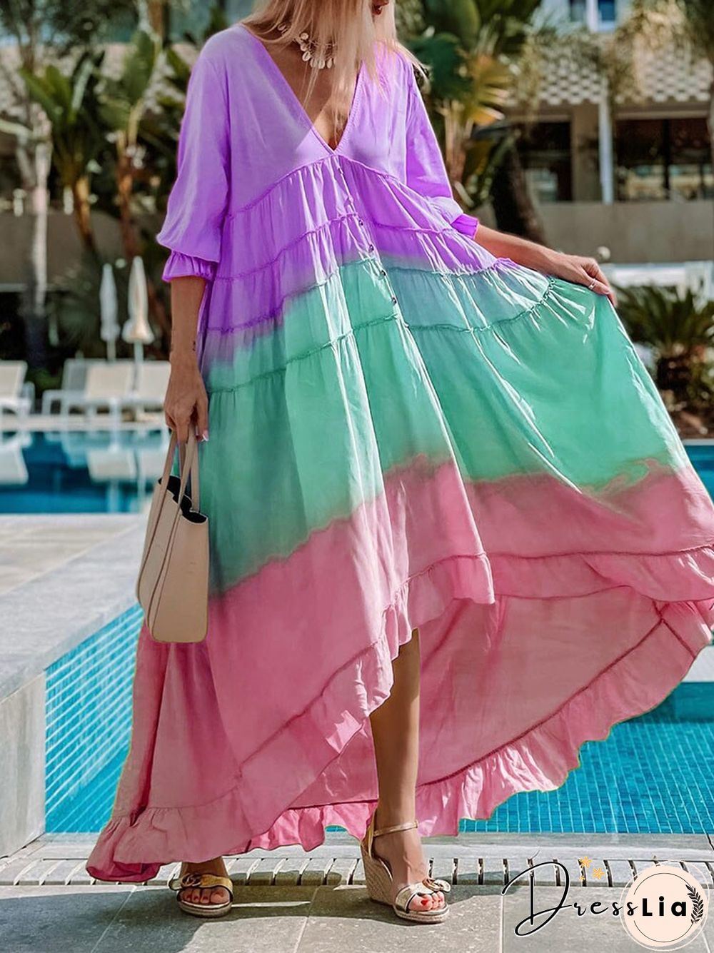 Summer Fashion Rainbow Multicolor Irregular Dress Women Casual Half Sleeve V Neck Button Ruffle Loose Big Hem Beach Dresses