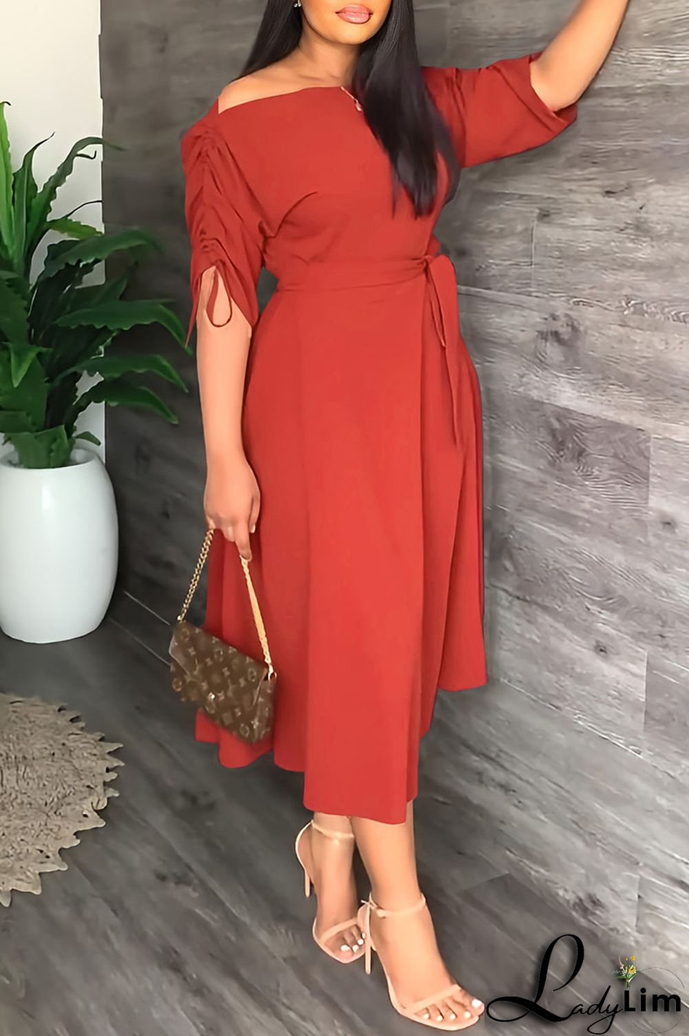 Red Casual Elegant Solid Patchwork Draw String Fold Oblique Collar Dresses