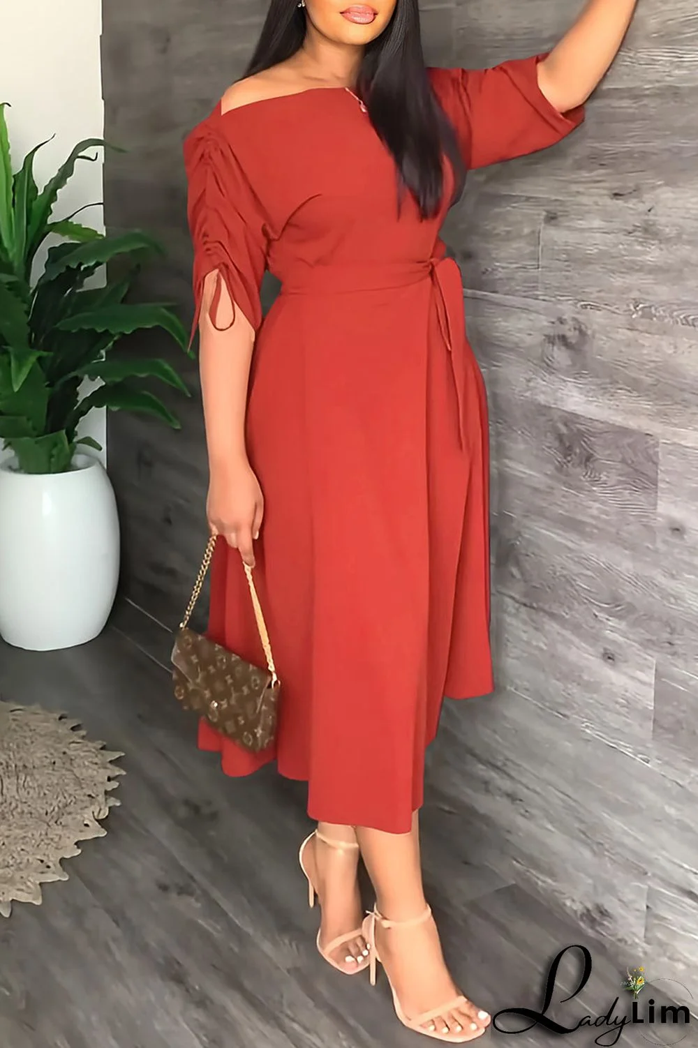 Red Casual Elegant Solid Patchwork Draw String Fold Oblique Collar Dresses