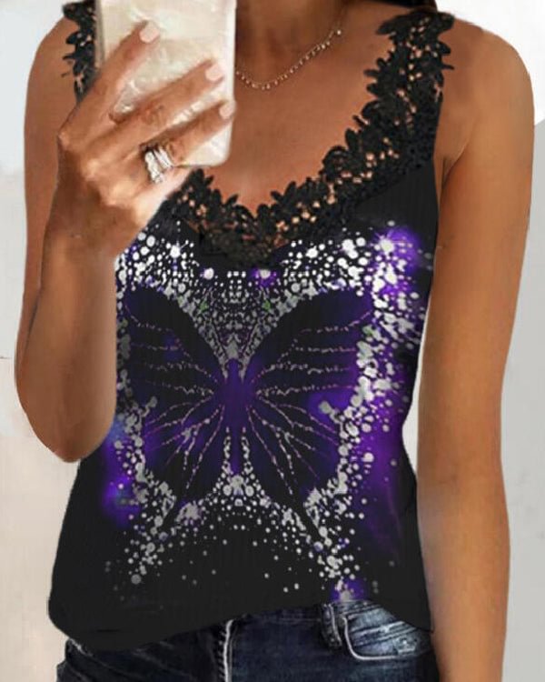 Lace Printed V Neck Sleeveless Tank Top
