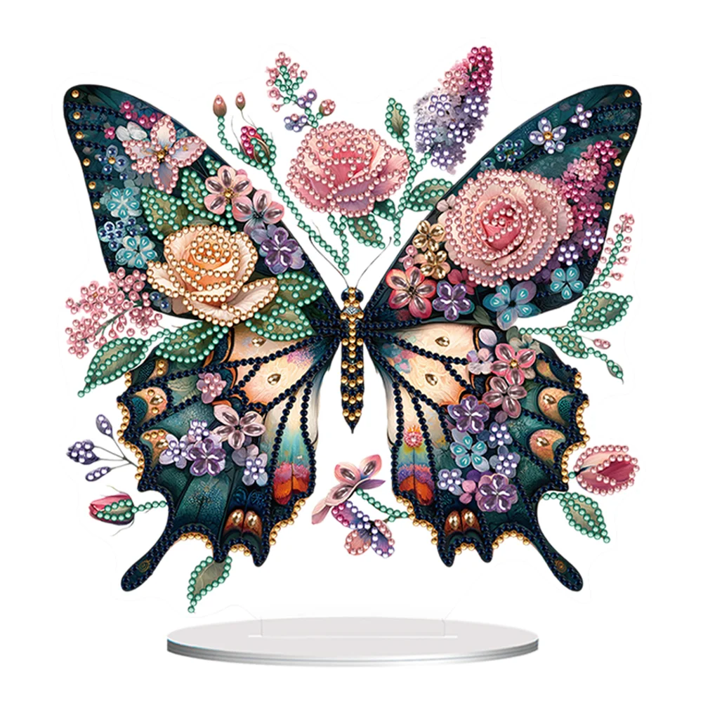 5D DIY Flower Butterfly Acrylic Single-Sided Diamond Painting Tabletop Ornament Kit for Office Desktop Decor