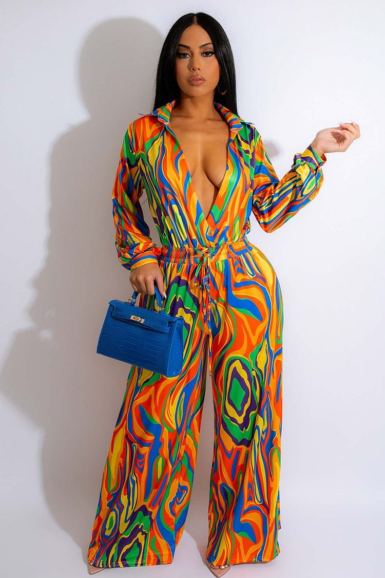 Deep V Neck Long Sleeve Casual Pattern Print Wide Leg Jumpsuit