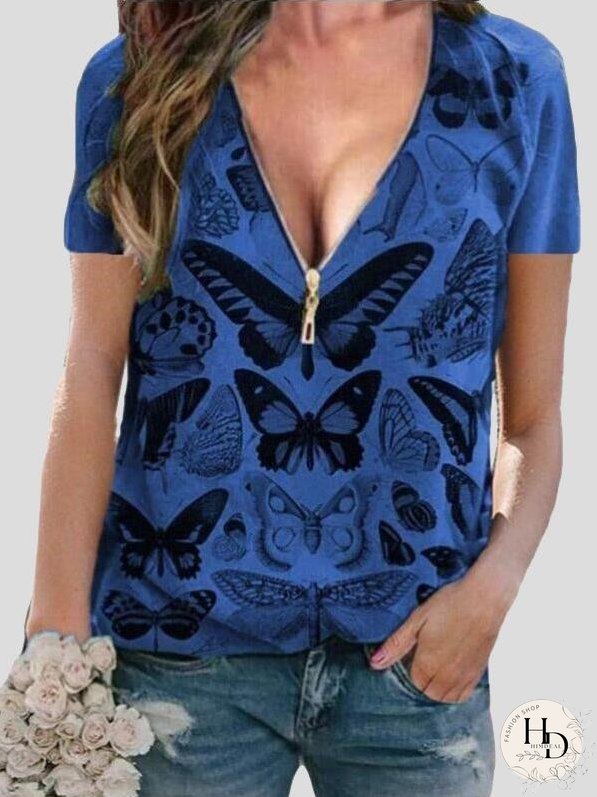 Butterfly Print Zipper V-neck Pullover Top