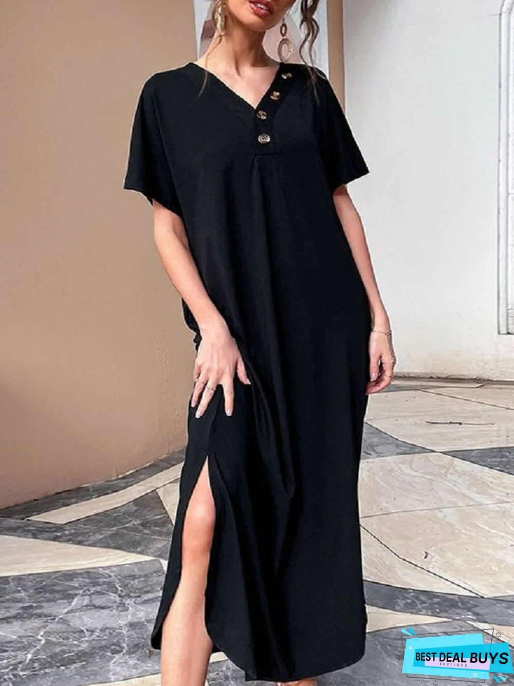 V-Neck Skirt Loose Vintage Dress Black Dresses