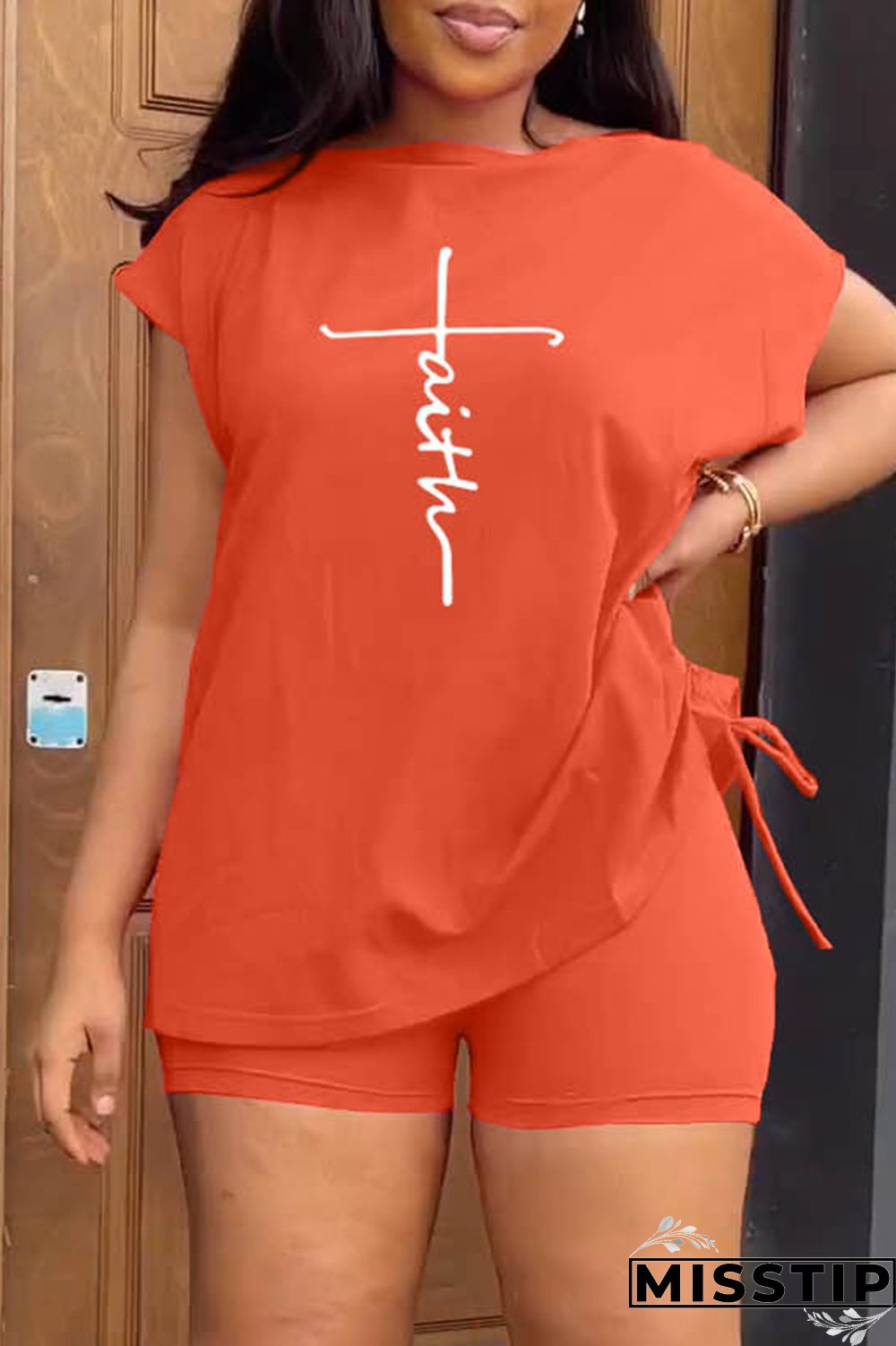 Orange White Casual Print Basic O Neck Short Sleeve Two Pieces