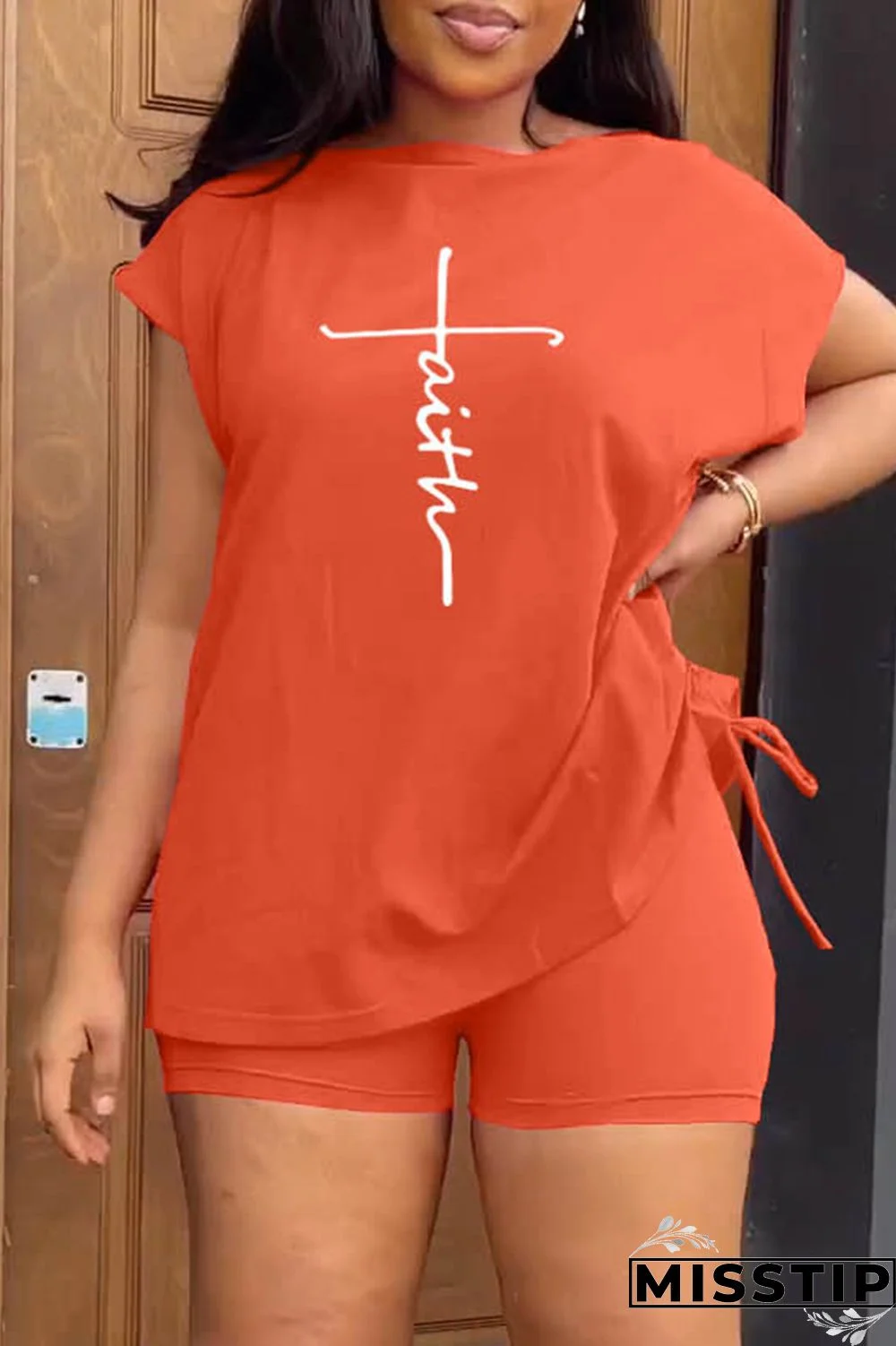 Orange White Casual Print Basic O Neck Short Sleeve Two Pieces