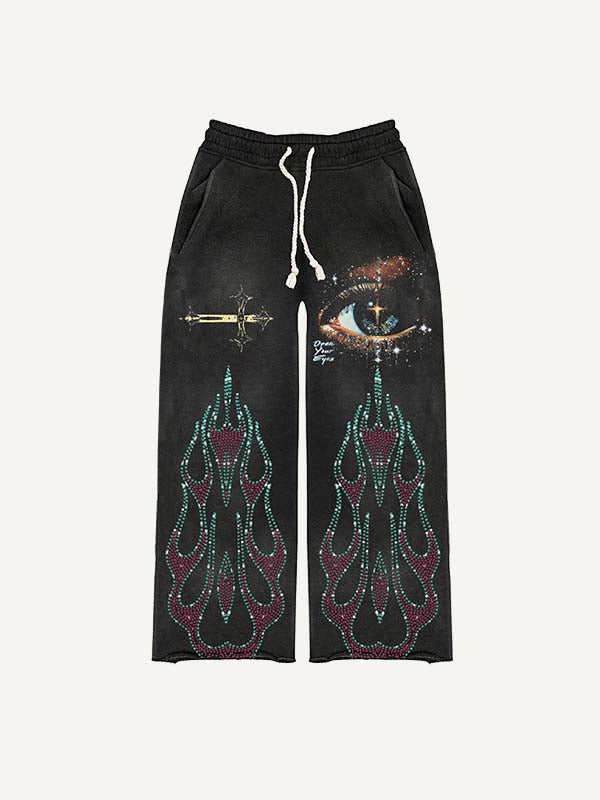 Eye&Cross&Graphic Faux Rhinestones Print Elastic Waist Pants