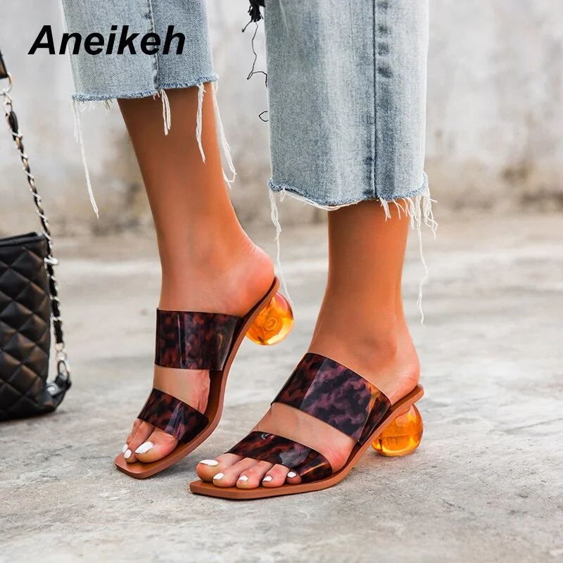 Aneikeh Size 42 43 Fashion PVC Sandals Open Toed Sexy Jelly Round Heels Crystal Women Shallow Transparent Slippers Pumps Party