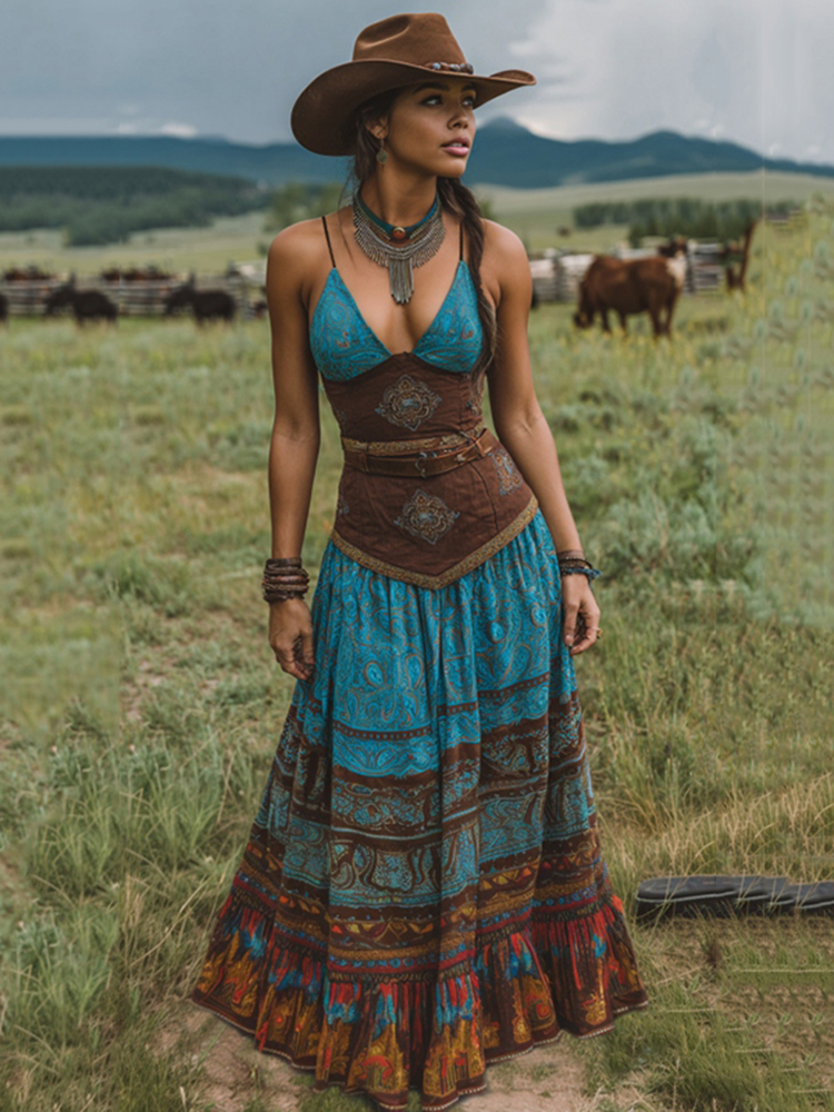 Women's Vintage Western Paisley Geometric Print V-neck Slip Maxi Dress
