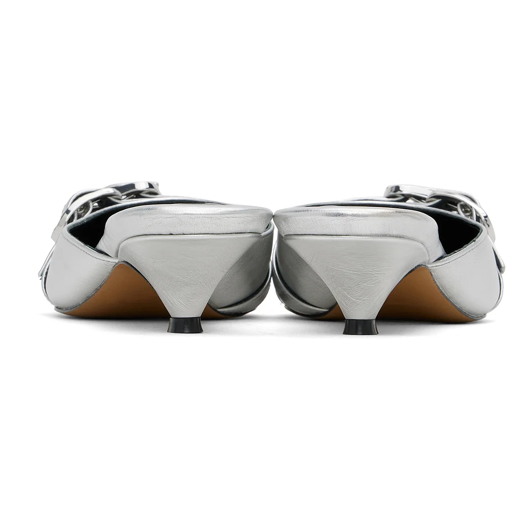 Silver Metallic Finish Pointed Toe Buckle Straps Kitten Heeled Mules