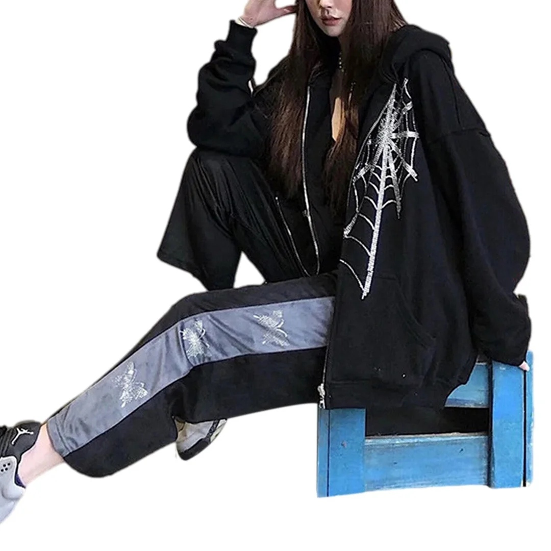 Women Gothic Hooded Sweatshirt Rhinestone Spider Web Pattern Jacket Loose Long Sleeve Zipper Pockets Coat Fashion Y2K Streetwear