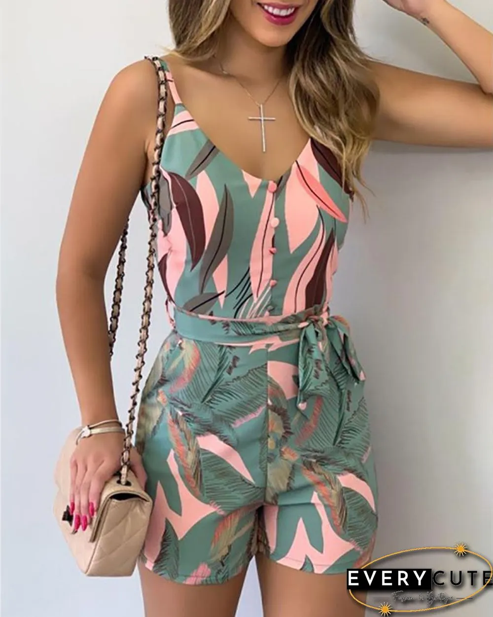 Spaghetti Strap Leaf Print Striped Knotted Romper P15385