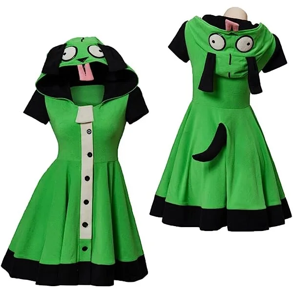 Invader Zim Cosplay Costume Women's Zim Green Hoodie Costume with Tail Halloween Costume Dress