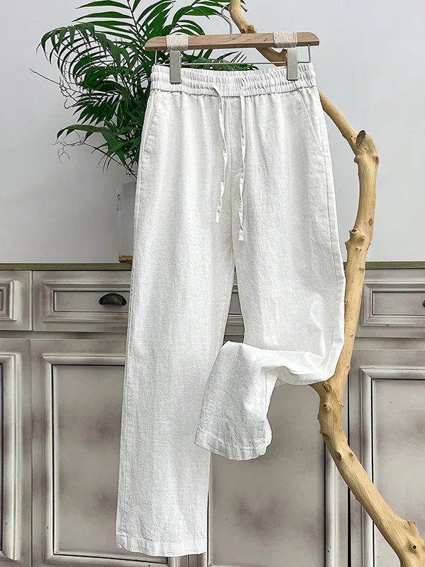 Men's Cotton Linen Plain Elastic Drawstring Waist Wide Leg Pants