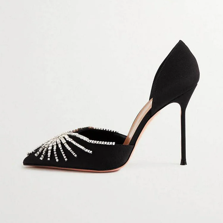 Black Pointed Toe Rhinestone Pumps Elegant Stiletto Heel Wedding Shoes |FSJ Shoes
