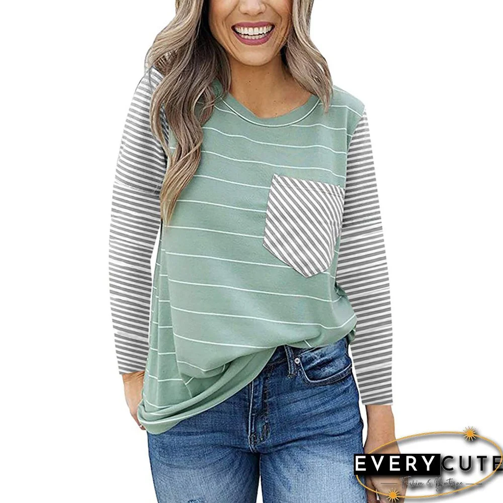 Light Green Striped Contrast Color Long Sleeve T-Shirt with Pocket