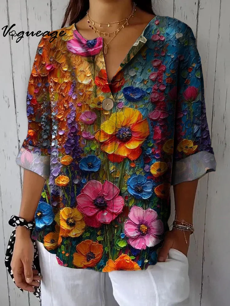 Gorgeous Vivid Oil Painting Flowers Printed Cotton And Linen Shirt