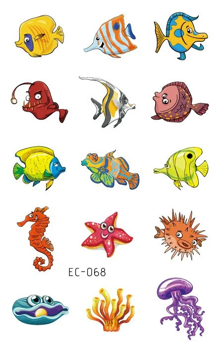 24 kinds Temporary Tattoo Stickers for Kids Cute Cartoon Tropical Fish Marine faux tatouage temporaire Disposable Children Gift