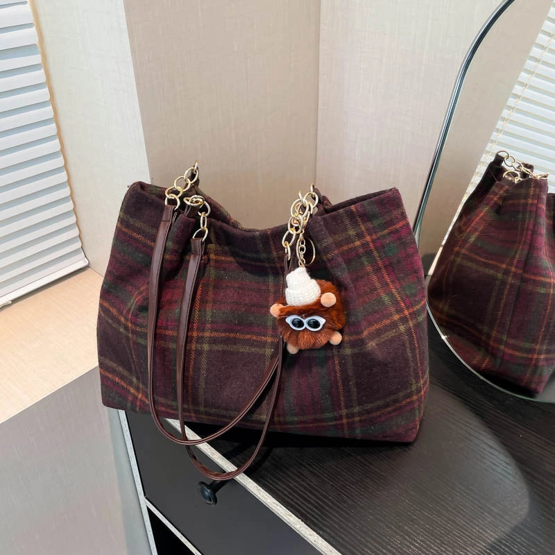 Women’s Medium Cloth Lattice Streetwear Square Zipper Shoulder Bag Underarm Bag