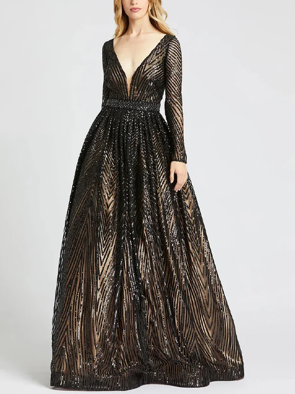 V-neck Long Sleeves Sequin Solid Color Maxi Dress