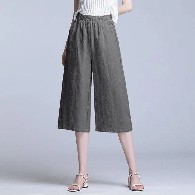 Women's Linen Gaucho Pants Fit Wide Leg Capri Pants With Pockets