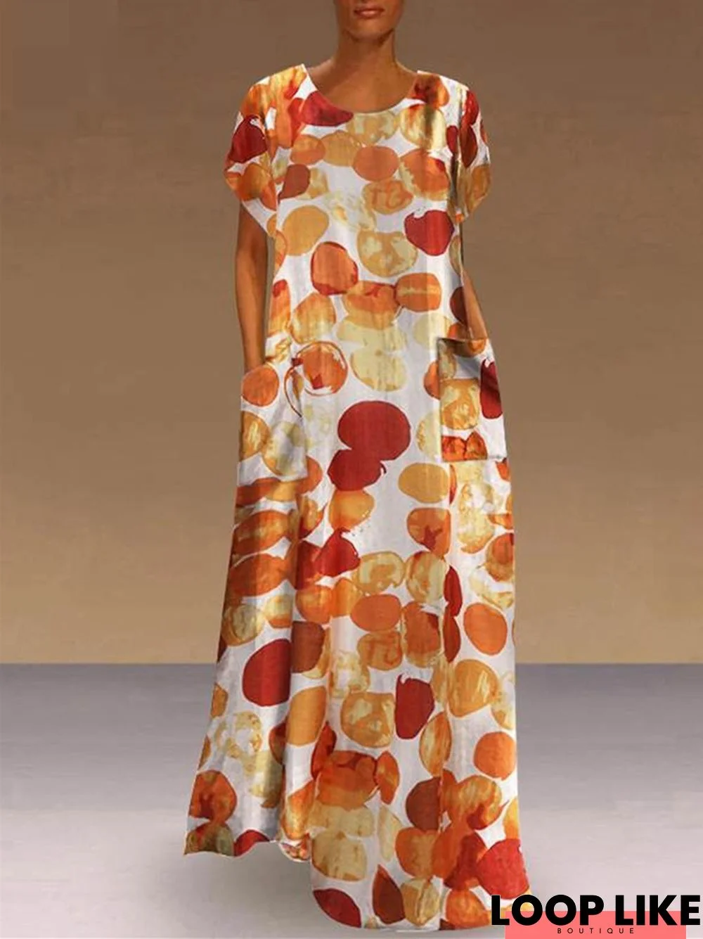 Short Sleeved Long Skirt with Large Hem Round Neck Creative Print Dress