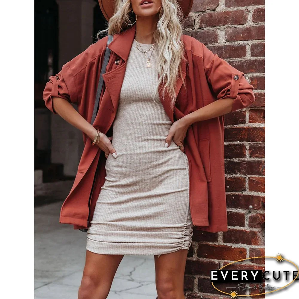 Rust Red Turndown Collar Lightweight Pocket Trench Coat